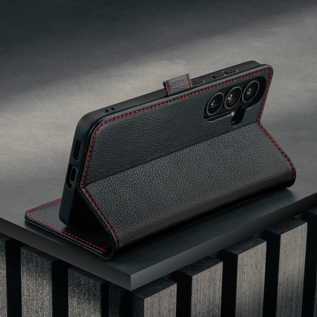 Stand feature of the Black with Red Detail Leather Stand Case for Galaxy S26