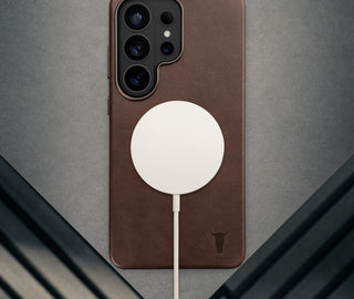 Wireless charger attached to the Dark Brown Leather Bumper Case for Galaxy S26 Ultra