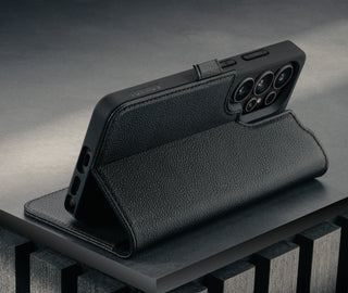 Stand function of the Black Leather Stand Case for Galaxy S26 Ultra