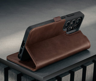 Stand function of the Dark Brown Leather Stand Case for Galaxy S26 Ultra