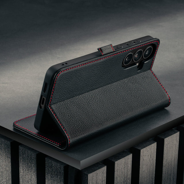 Stand feature of the Black with Red Detail Leather Stand Case for Galaxy S26+