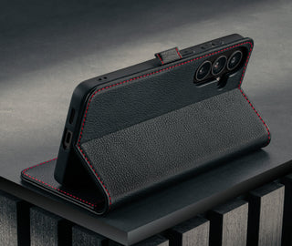 Stand feature of the Black with Red Detail Leather Stand Case for Galaxy S26+