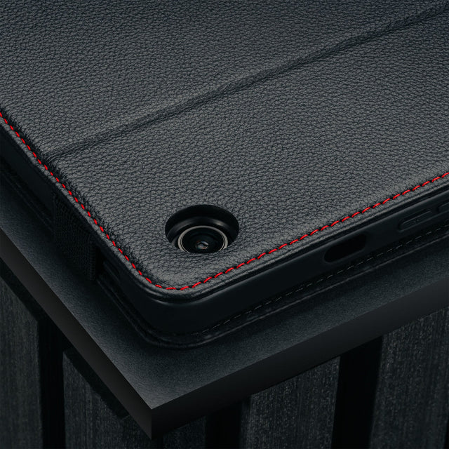 Camera cutout on the Black with Red Stitching Leather Case for Samsung Galaxy Tab A9
