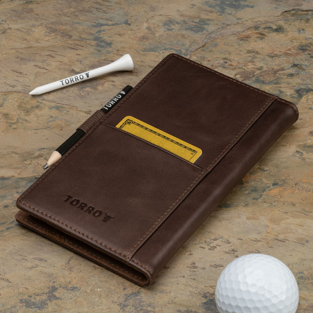 Card storage slot on the back of the Dark Brown Leather Golf Scorecard Holder