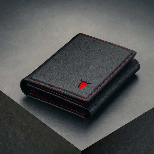 Black with Red Stitching Trifold Leather Wallet