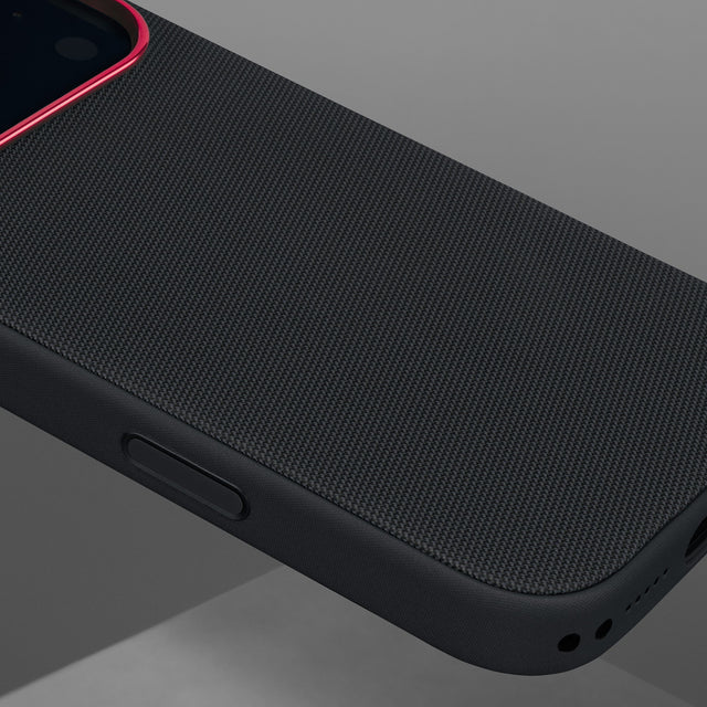 Close up of the Black with Red Detail Woven Fabric Bumper Case for iPhone 17 Pro Max