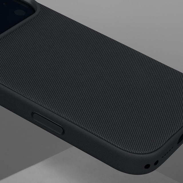 Close up of the Black Woven Fabric Bumper Case for iPhone 17 Pro Max
