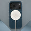 Wireless charger attached to the Blue Woven Fabric Bumper Case for iPhone 17 Pro Max