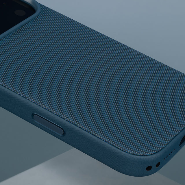 Close up of the Blue Woven Fabric Bumper Case for iPhone 17 Pro Max