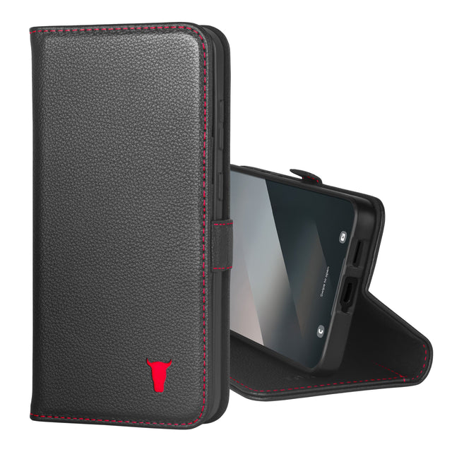 Schwarz-rote TORRO Leder-Wallet-Hülle, Produktansicht