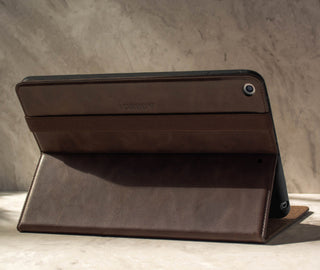 Demonstrating the integrated stand function of the Dark Brown Leather Stand Case for iPad 10.2" 7th, 8th & 9th Generation