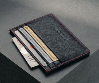 Black with Red Detail Leather Credit Card Holder with card slots and notes compartment