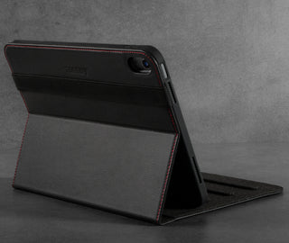 Integrated stand function of the Black with Red Stitching Leather iPad Case for Apple iPad (10th Gen)