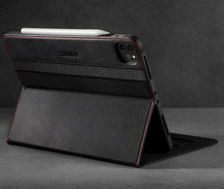 Integrated stand function of the Black Leather (with Red Stitching) Case for iPad Pro 11-inch