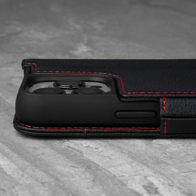 Raised camera lip of the Black Leather (with Red Stitching) Phone Case for iPhone 13 Pro