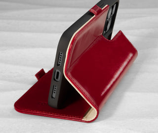 Integrated stand function of the Red Leather Leather Folio Stand Case for iPhone 14 Pro