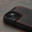 Camera cutout on the Black with Red Detail Leather Bumper Case for iPhone 15 Plus