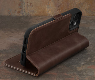 Integrated stand function of the Dark Brown Leather Wallet Case for iPhone 15 Plus