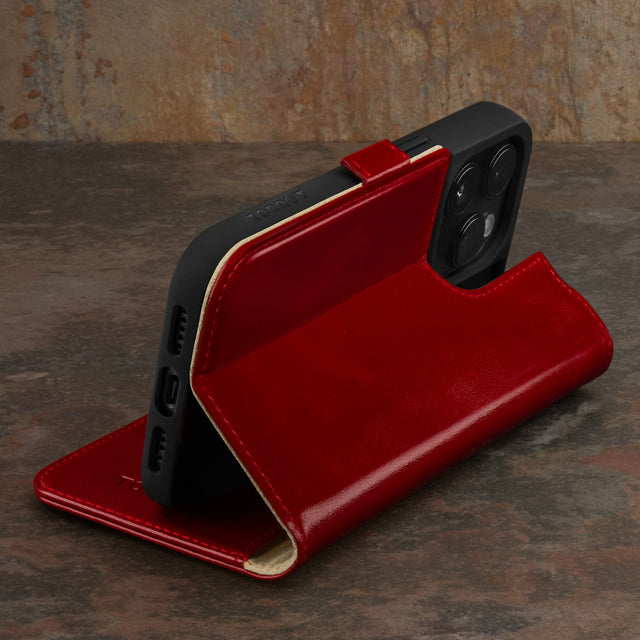 Integrated stand function of the Red Leather Wallet Case for iPhone 15 Pro Max