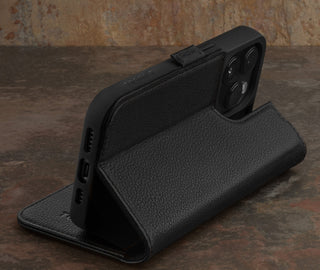 Integrated stand function of the Black Leather Wallet Case for iPhone 15 Pro
