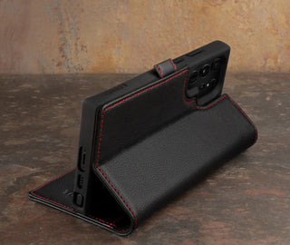 Stand function of the Black with Red Detail Leather Case for Galaxy S23 Ultra