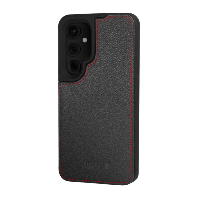 Schwarze Bumper-Hülle aus Leder mit roten Details für das Samsung Galaxy S24